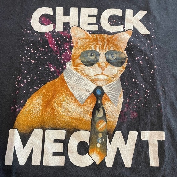Check Meowt Cat Tee Shirt 80s Retro Outer Space Stars Galaxy Black Womens Large - Picture 2 of 12